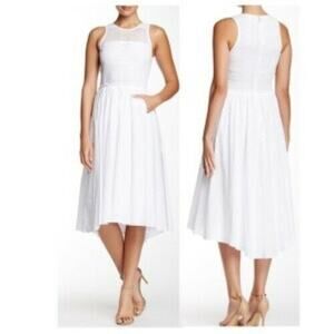 Elegant White Sleeveless Midi Dress with Lace Yoke